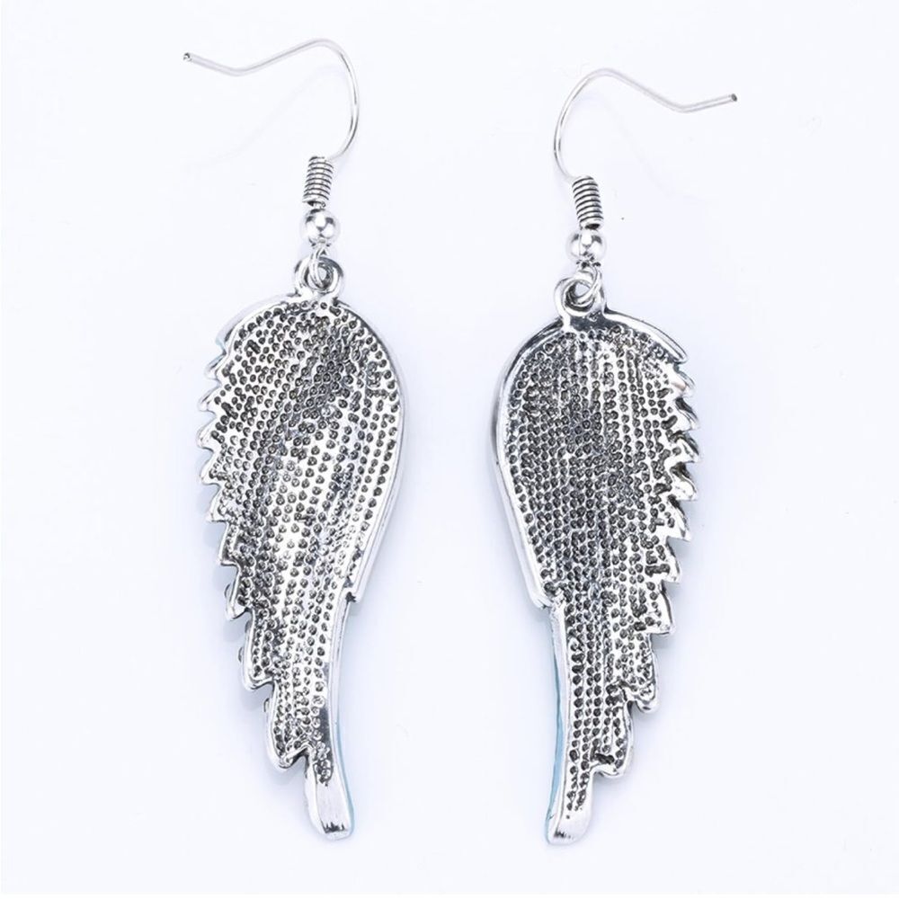 Silver with Blue Sapphire Crystal Angel Wing Dangle Drop French Hook Earrings - Picture 4 of 4